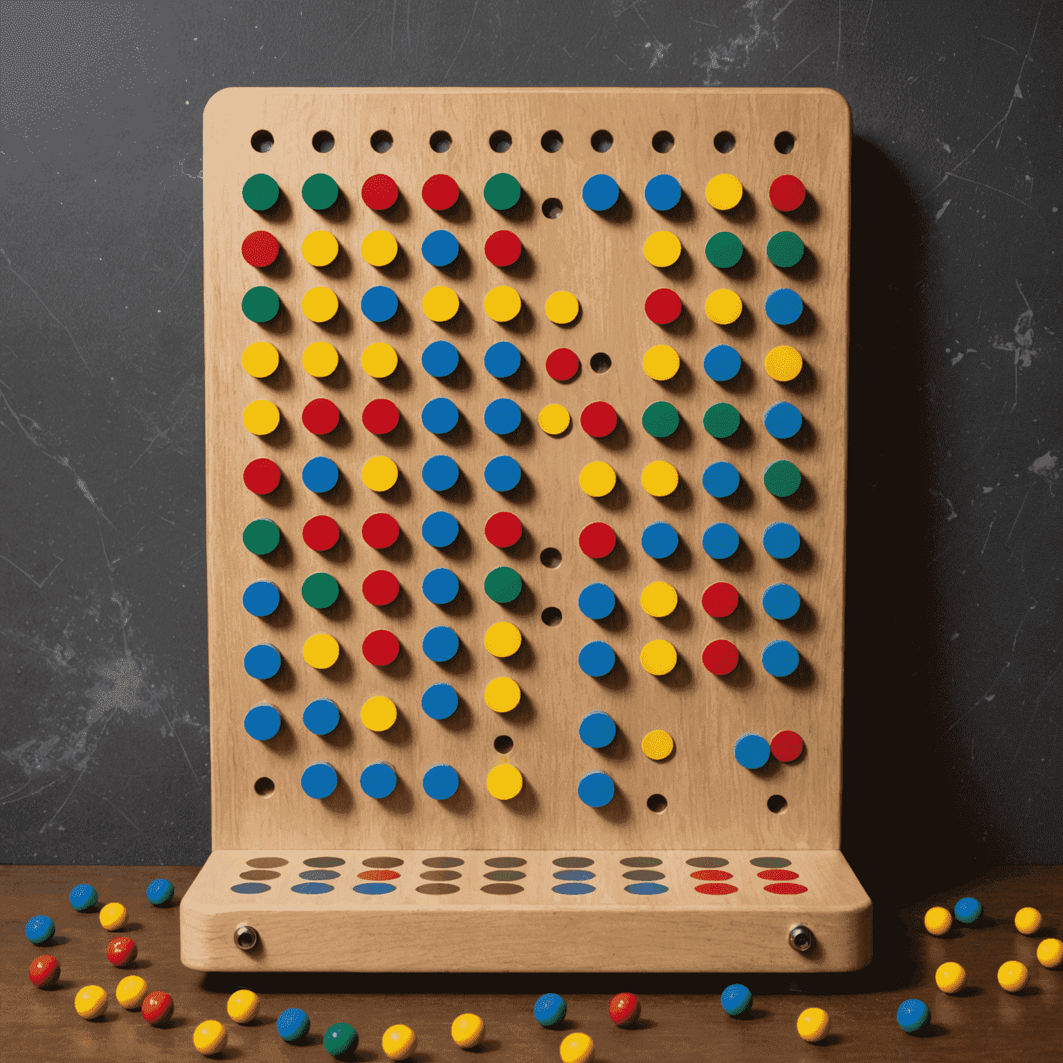 A Plinko board with pegs arranged in a triangular pattern, showing a disc falling through the pegs towards prize slots at the bottom