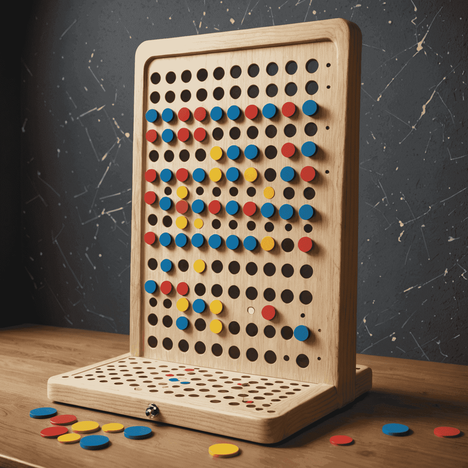 A Plinko board with multiple pegs and a disc falling through, illustrating various possible paths and outcomes