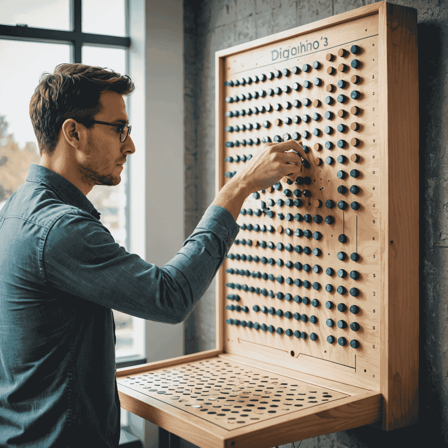 A person studying a Plinko board, with diagrams and calculations overlaid to illustrate strategic thinking